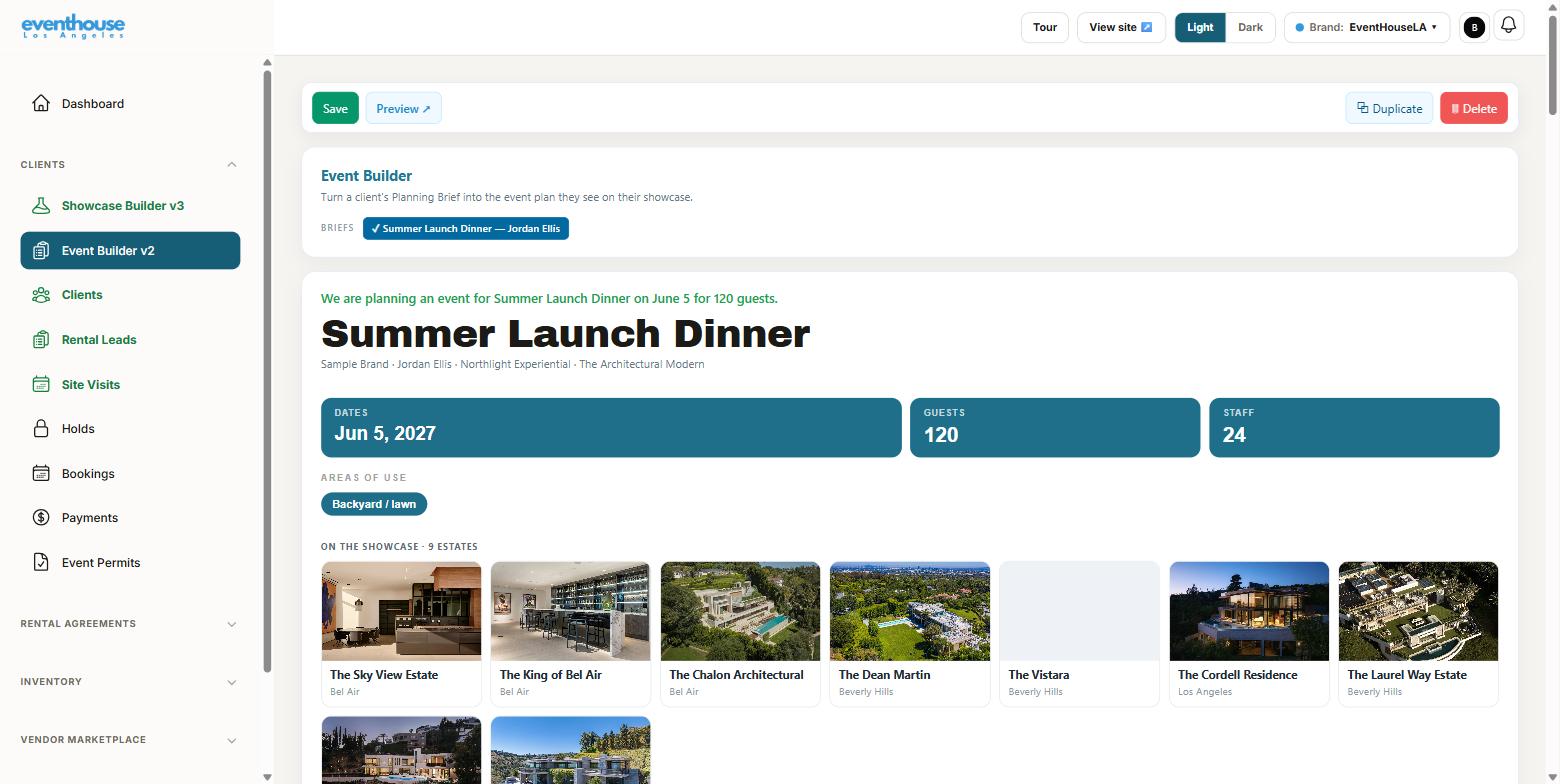 The Event Builder showing a project: the event name, date, guest and staff counts, areas of use and the estates under consideration